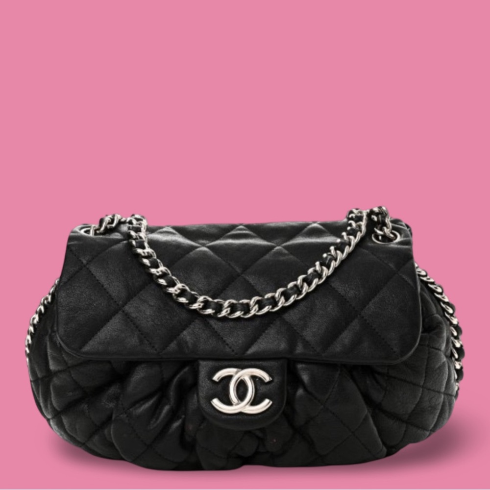Washed Lambskin Quilted Medium Chain Around Messenger Black